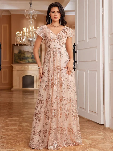 BluePlumB Luxury V-Neck Formal Evening Dress Long Women Elegant Party Dress Sequin Short Sleeves Prom Cocktail Gowns Dresses | Blue Plum - Blue Plum