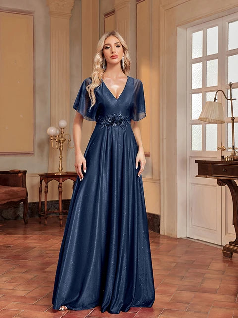 BluePlum Elegant Royal Shining Applique V-neck Formal Evening Dress 2024 Women Short Sleeves Mermaid Wedding Party Long Dresses | Blue Plum - Blue Plum