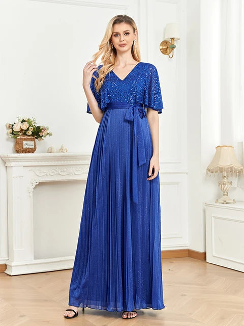 BluePlum Elegant Red Floor Lenght Evening Dress Flared Short Sleeve Sequin Formal Dress V-neck Women Bridesmaid Party Long Gowns | Blue Plum - Blue Plum
