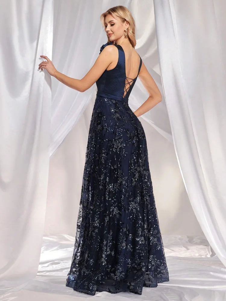 BluePlum Elegant V Neck Blue Floral Sequin Evening Dress Long 2024 Luxury Women Satin Sleevesless Party Dress Prom Cocktail Dress | Blue Plum - Blue Plum