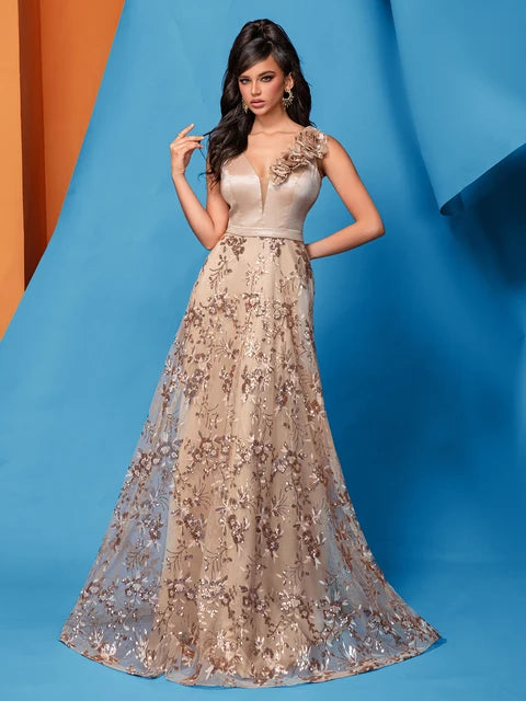 BluePlum Elegant V Neck Blue Floral Sequin Evening Dress Long 2024 Luxury Women Satin Sleevesless Party Dress Prom Cocktail Dress | Blue Plum - Blue Plum