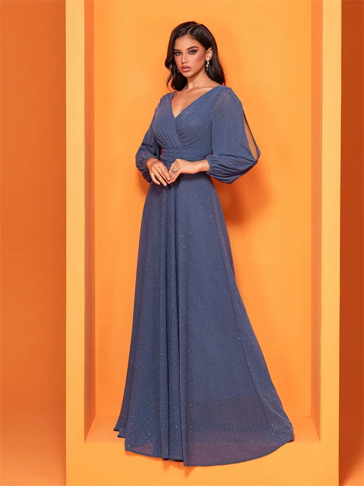 BluePlum Luxury Hollow Tulle Long Sleeves Formal Evening Dress Women Elegant Long V-back Weedding Party Gowns Cocktail Prom | Blue Plum - Blue Plum