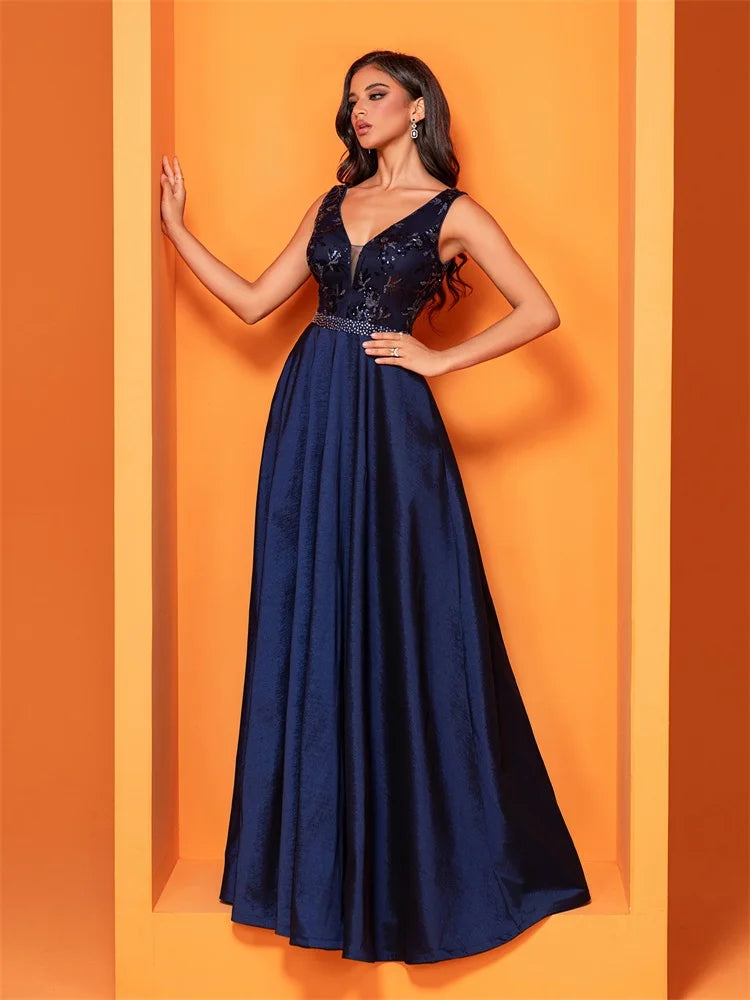 Luxury Sexy Deep V-Neck Sequins Blue Evening Dress Women Elegant V-back Satin Party Long Prom Cocktail Dress | Blue Plum - Blue Plum