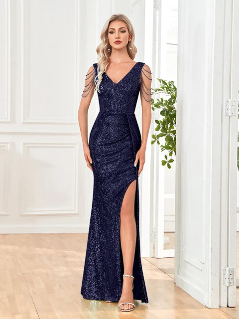 BluePlum Elegant V Neck Sequin Evening Dress Long 2025 New Women Mermaid Formal Dress Party Gown Bodycon Maxi Prom Beading Dress | Blue Plum - Blue Plum