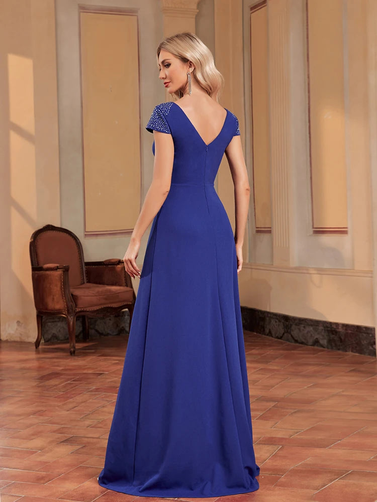 Lucyinlove Elegant Blue Evening Dress For Women 2024 Luxury Long Mermaid Formal V-neck Prom Wedding Party Cocktail Gown Vestidos | Blue Plum - Blue Plum