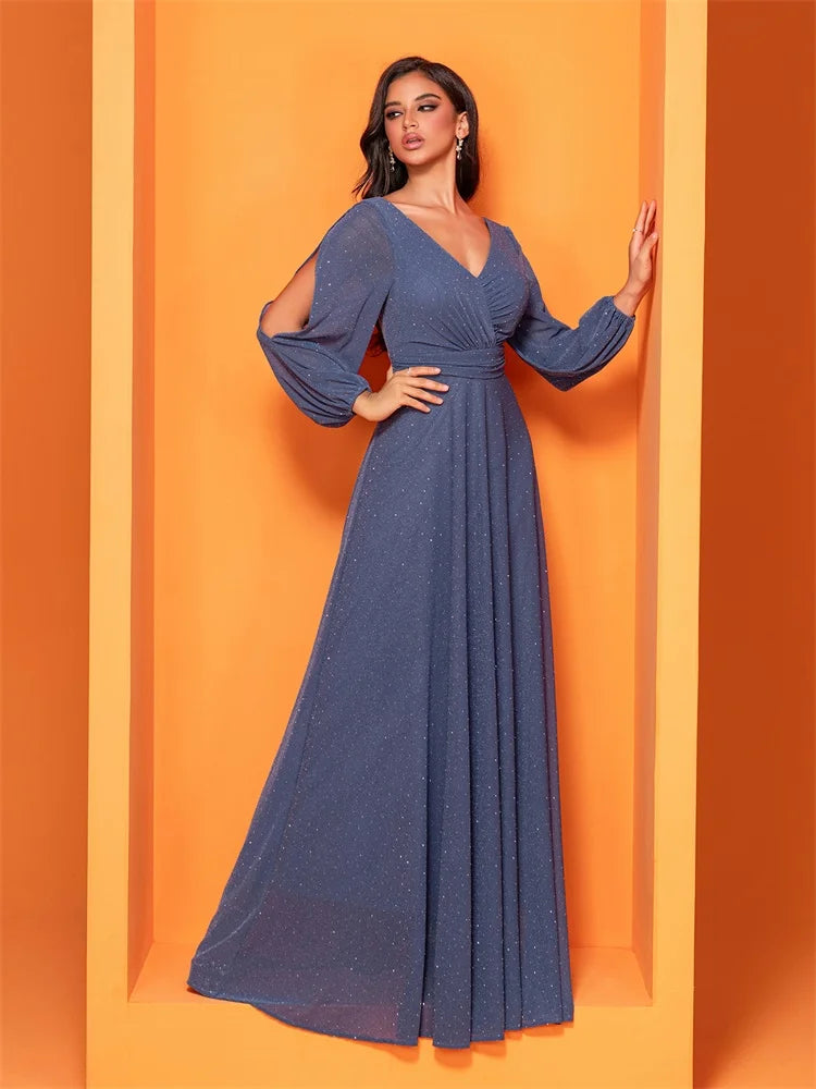 BluePlum Luxury Hollow Tulle Long Sleeves Formal Evening Dress Women Elegant Long V-back Weedding Party Gowns Cocktail Prom | Blue Plum - Blue Plum