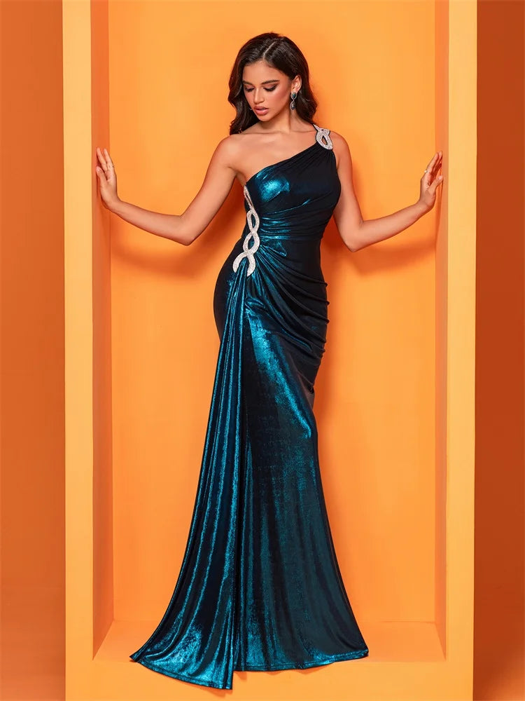BluePlum New Luxury Green Women Party Maxi Dress Elegant One-shoulder Slit Evening Dress Ribbon Long Bridesmaid Dresses | Blue Plum - Blue Plum