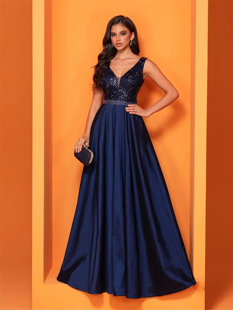 Luxury Sexy Deep V-Neck Sequins Blue Evening Dress Women Elegant V-back Satin Party Long Prom Cocktail Dress | Blue Plum - Blue Plum