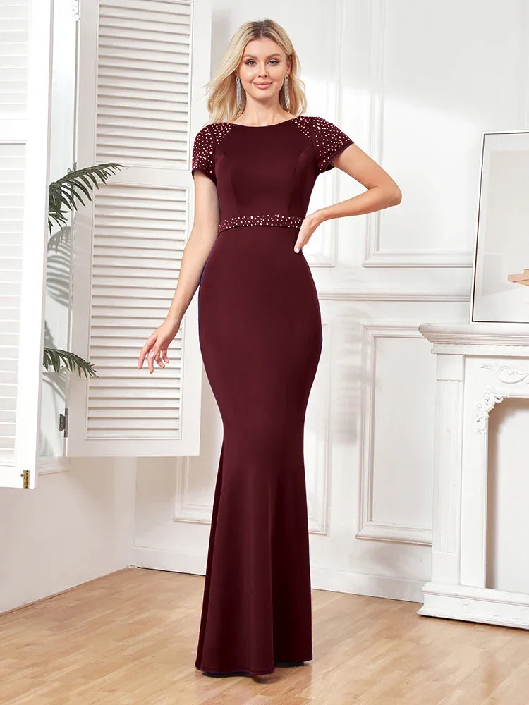 BluePlum Elegant O-Neck Blue Mermaid Evening Dress Women Short Sleeves Wedding Party Maxi Dress Long Luxury Formal Prom Vestidos | Blue Plum - Blue Plum