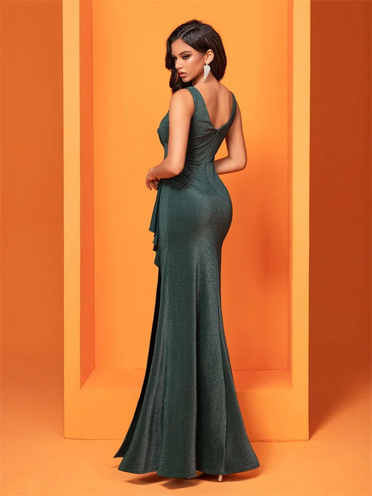 BluePlum Elegant Fancy Green V-Back Formal Evening Dress New Women Sleeveless Pleated Wedding Party Dresses Long Mermaid Gowns | Blue Plum - Blue Plum