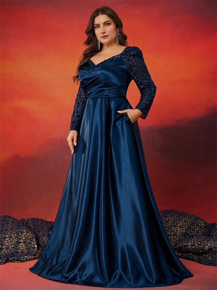 Elegant V-Neck Satin Blue Evening Dress | Blue Plum - Blue Plum