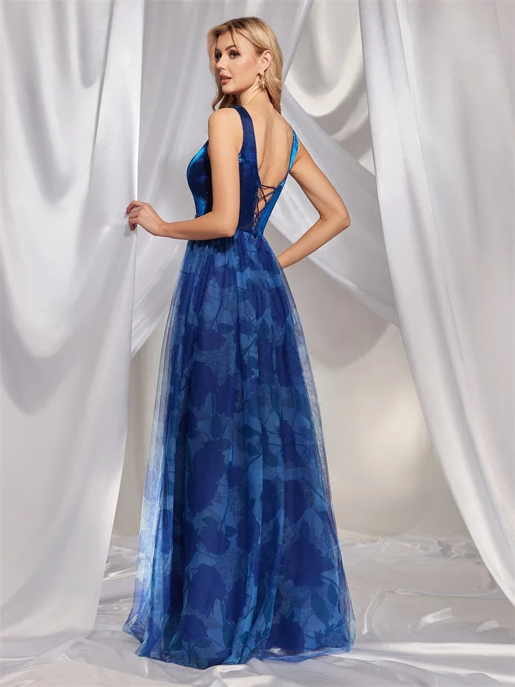BluePlum Luxury Sexy V-Back Sleeveless Royal Blue Evening Dress 2024 Women Elegant Slit Wedding Party Long Prom Cocktail Dresses | Blue Plum - Blue Plum