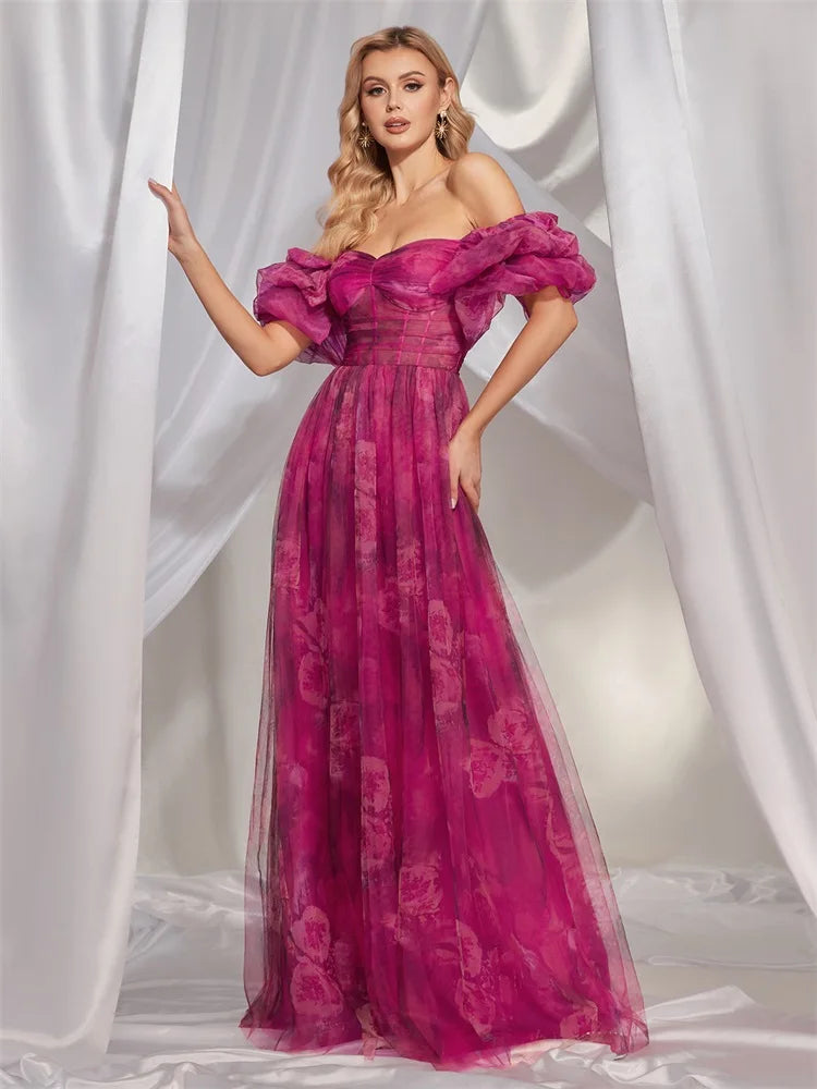 BluePlum Elegant Premium puff sleeve Evening Dress Long 2025 Luxury Women Chiffon Short Sleeve Party Dress Prom Cocktail Dress | Blue Plum - Blue Plum