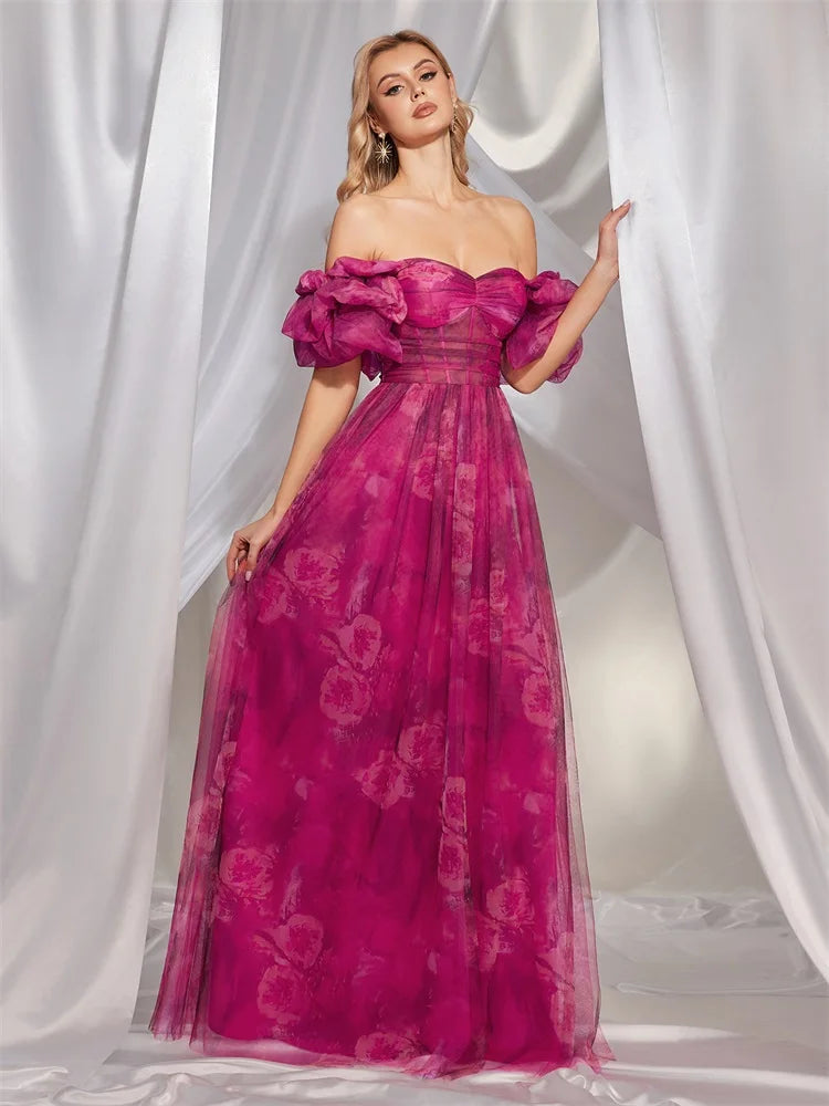 BluePlum Elegant Premium puff sleeve Evening Dress Long 2025 Luxury Women Chiffon Short Sleeve Party Dress Prom Cocktail Dress | Blue Plum - Blue Plum