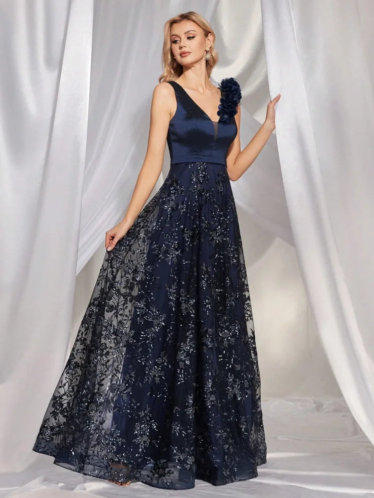 BluePlum Elegant V Neck Blue Floral Sequin Evening Dress Long 2024 Luxury Women Satin Sleevesless Party Dress Prom Cocktail Dress | Blue Plum - Blue Plum