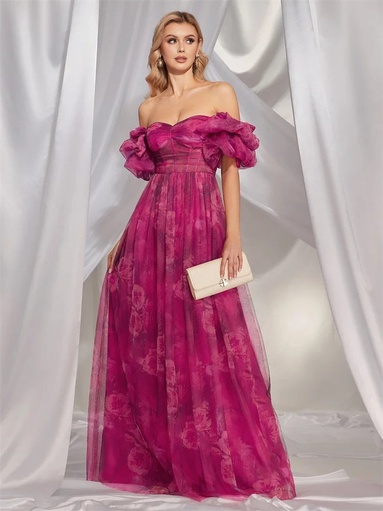 BluePlum Elegant Premium puff sleeve Evening Dress Long 2025 Luxury Women Chiffon Short Sleeve Party Dress Prom Cocktail Dress | Blue Plum - Blue Plum