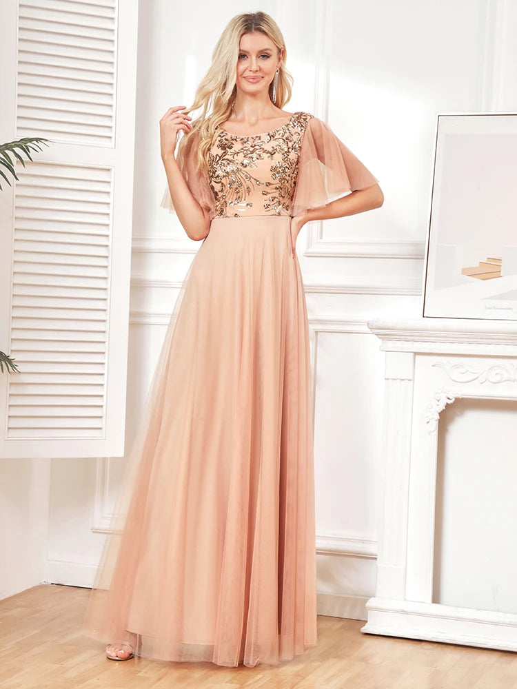 BluePlum Luxury Gold Sequins Formal Evening Dress elegant Wedding Party Prom Long Dress 2024 Women Tulle Short Sleevess Gowns | Blue Plum - Blue Plum