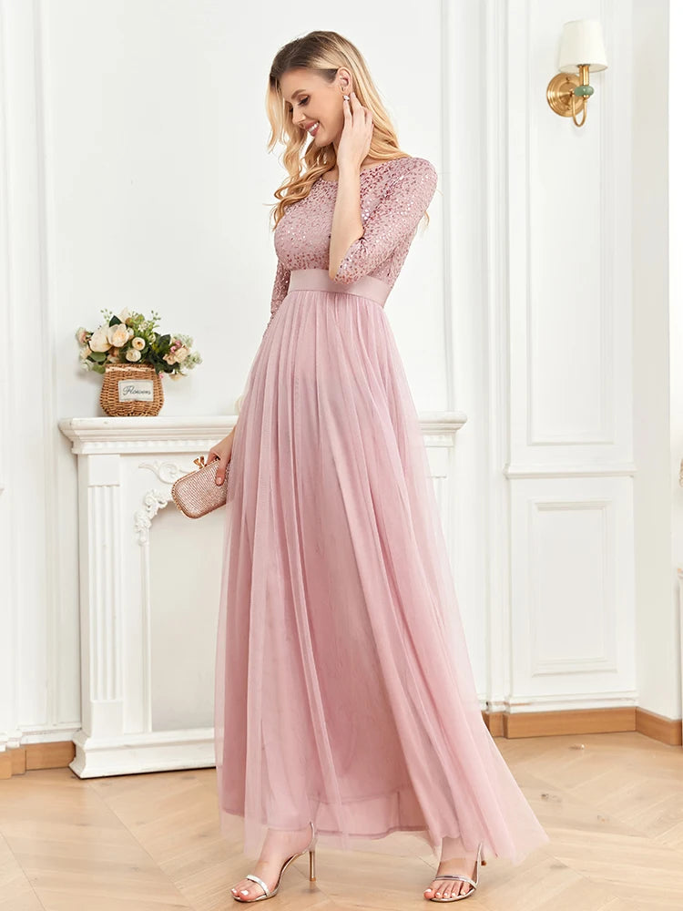 BluePlum Elegant Chiffon Evening Dress Luxury 2025 Long Short Sleeve Wedding Party Dress Women Sequin Wedding Party Cocktail Prom | Blue Plum - Blue Plum