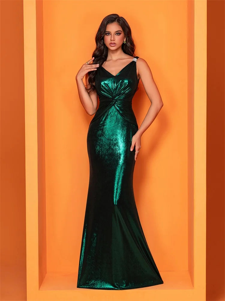 BluePlum Elegant Evening Dresses Glittery Sleeveless Pleated Empire Waist 2024 Green Mermaid Party Prom Bridesmaid Dress | Blue Plum - Blue Plum