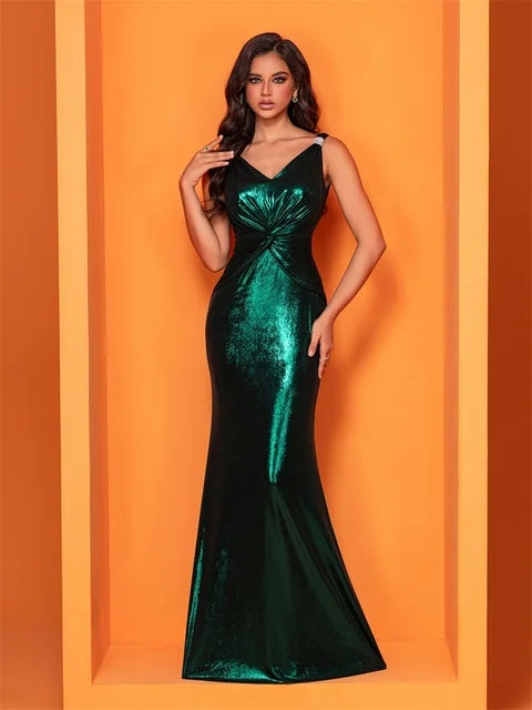 BluePlum Elegant Evening Dresses Glittery Sleeveless Pleated Empire Waist 2024 Green Mermaid Party Prom Bridesmaid Dress | Blue Plum - Blue Plum