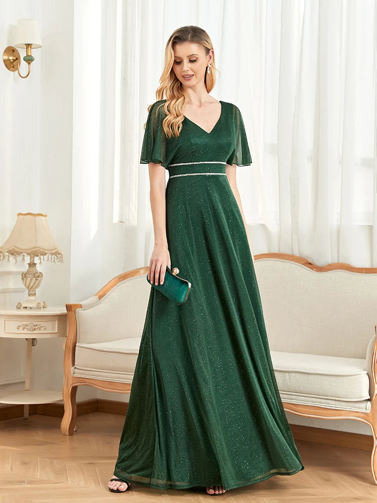 BluePlum Elegant Short Sleeves Evening Dresses Long 2025 Luxury V-Neck Green Shinning Wedding Party Prom Cocktail Dress Gowns | Blue Plum - Blue Plum