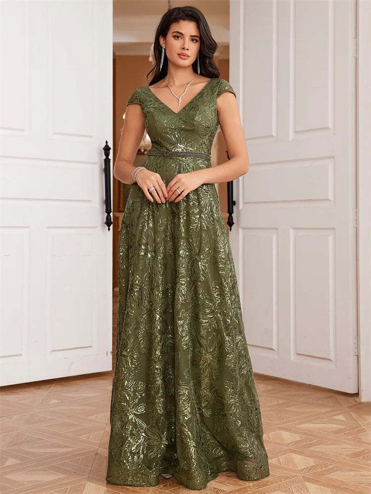BluePlum New Luxury V-Neck Green Sequins Evening Dress Elegant Long Women V-back Wedding Party Long Prom Cocktail Dress Gowns | Blue Plum - Blue Plum