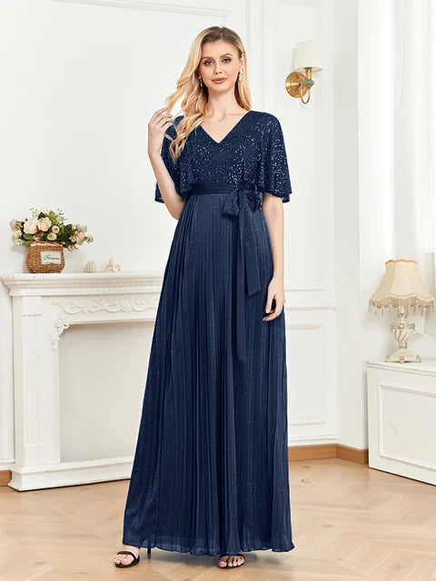 BluePlum Elegant Red Floor Lenght Evening Dress Flared Short Sleeve Sequin Formal Dress V-neck Women Bridesmaid Party Long Gowns | Blue Plum - Blue Plum