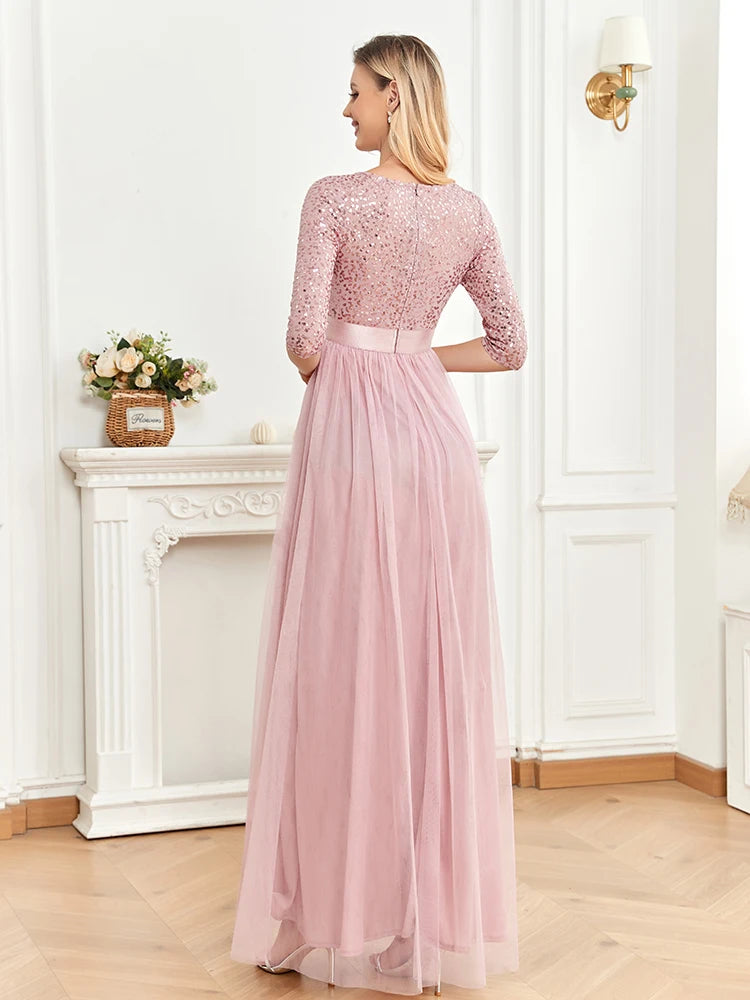 BluePlum Elegant Chiffon Evening Dress Luxury 2025 Long Short Sleeve Wedding Party Dress Women Sequin Wedding Party Cocktail Prom | Blue Plum - Blue Plum