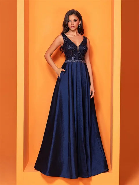 Luxury Sexy Deep V-Neck Sequins Blue Evening Dress Women Elegant V-back Satin Party Long Prom Cocktail Dress | Blue Plum - Blue Plum