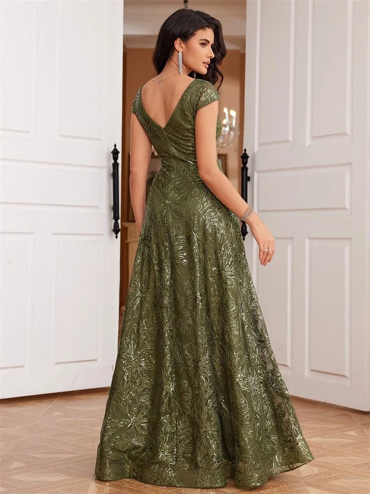 BluePlum New Luxury V-Neck Green Sequins Evening Dress Elegant Long Women V-back Wedding Party Long Prom Cocktail Dress Gowns | Blue Plum - Blue Plum