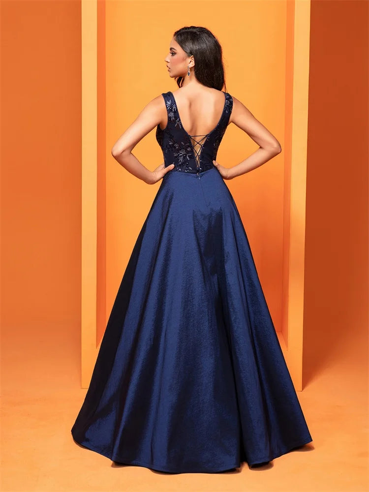 Luxury Sexy Deep V-Neck Sequins Blue Evening Dress Women Elegant V-back Satin Party Long Prom Cocktail Dress | Blue Plum - Blue Plum