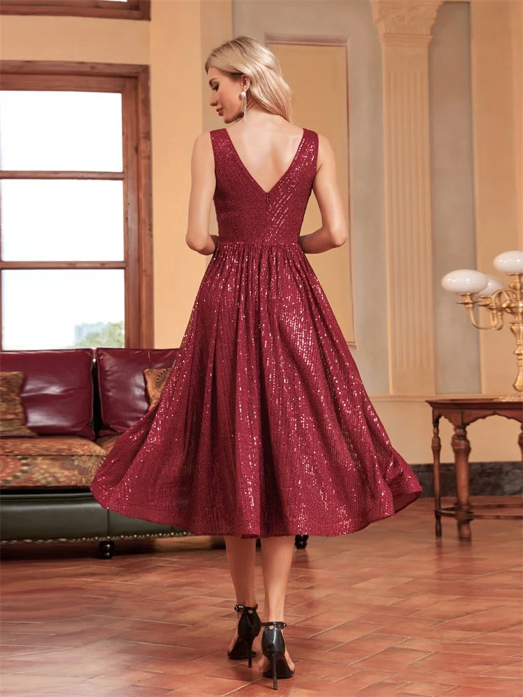 BluePlum Elegant V Neck Sleeveless Sequins Cocktail Dress Women Luxury Red Wedding Party Evening Dress Graduation Gown Vestidos | Blue Plum - Blue Plum