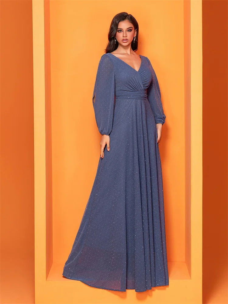 BluePlum Luxury Hollow Tulle Long Sleeves Formal Evening Dress Women Elegant Long V-back Weedding Party Gowns Cocktail Prom | Blue Plum - Blue Plum