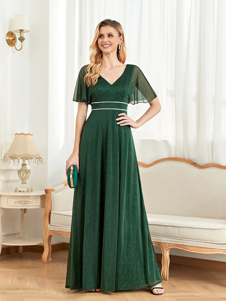 BluePlum Elegant Short Sleeves Evening Dresses Long 2025 Luxury V-Neck Green Shinning Wedding Party Prom Cocktail Dress Gowns | Blue Plum - Blue Plum