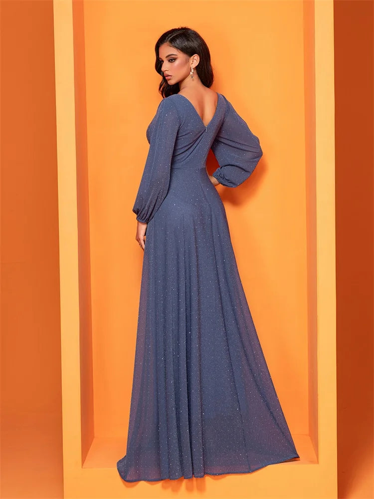 BluePlum Luxury Hollow Tulle Long Sleeves Formal Evening Dress Women Elegant Long V-back Weedding Party Gowns Cocktail Prom | Blue Plum - Blue Plum