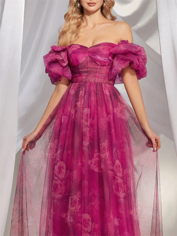 BluePlum Elegant Premium puff sleeve Evening Dress Long 2025 Luxury Women Chiffon Short Sleeve Party Dress Prom Cocktail Dress | Blue Plum - Blue Plum