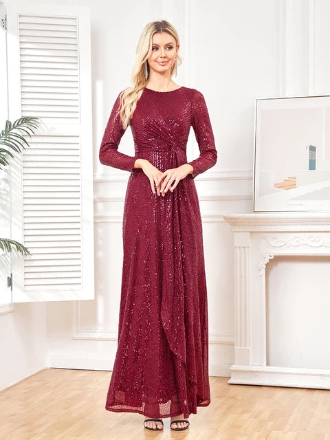 BluePlum Luxury Long Sleeve O-Neck Evening Dress 2024 Elegant Party Women Wedding Sequins For Female Blue Prom Cocktail Dresses | Blue Plum - Blue Plum