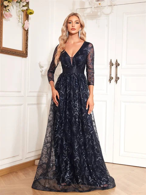 BluePlum Elegant Green Sexy V-Neck Floral Evening Dress Long 2024 Luxury Women Long Sleeve Party Prom Sequin Cocktail Dress Gown | Blue Plum - Blue Plum