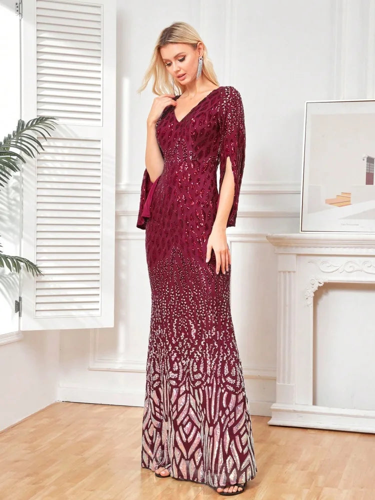 BluePlum Elegant Sequin Burgundy Red Evening Dress 2024 Women Formal Maxi Prom Long Sleeves Party Dress Luxury Cocktail Dress | Blue Plum - Blue Plum