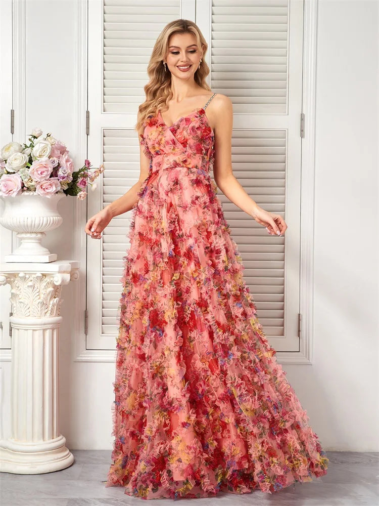 BluePlum Luxury Fashion Floral V-Neck Evening Dress Women Elegant Tulle Bridesmaid Wedding Party Prom Floor Lenght Cocktail Gowns | Blue Plum - Blue Plum