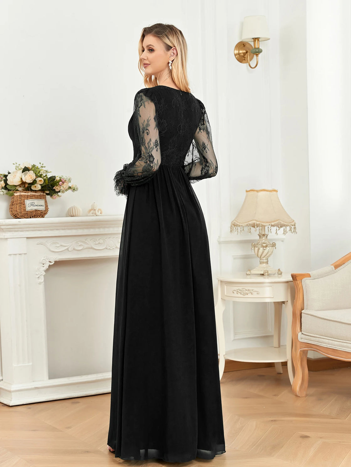 BluePlum Elegant Long Sleeves Tulle Embroidery Evening Dress 2025 Women Chiffon Slit Bridesmaid Wedding Party Dress Formal Prom | Blue Plum - Blue Plum
