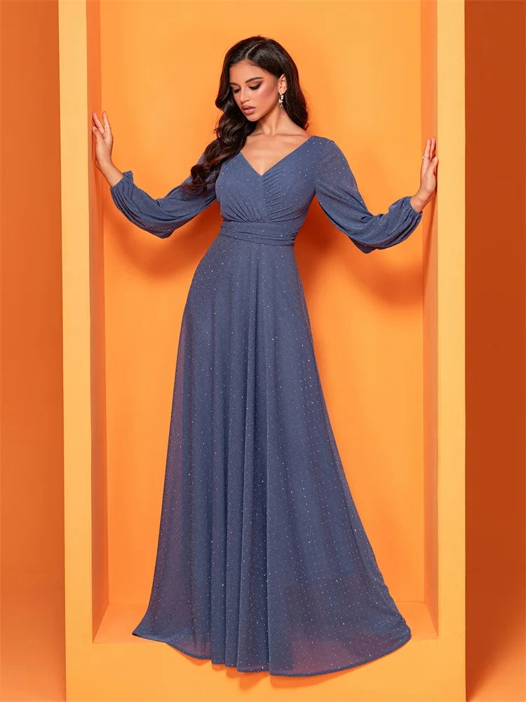 BluePlum Luxury Hollow Tulle Long Sleeves Formal Evening Dress Women Elegant Long V-back Weedding Party Gowns Cocktail Prom | Blue Plum - Blue Plum