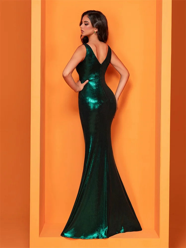 BluePlum Elegant Evening Dresses Glittery Sleeveless Pleated Empire Waist 2024 Green Mermaid Party Prom Bridesmaid Dress | Blue Plum - Blue Plum