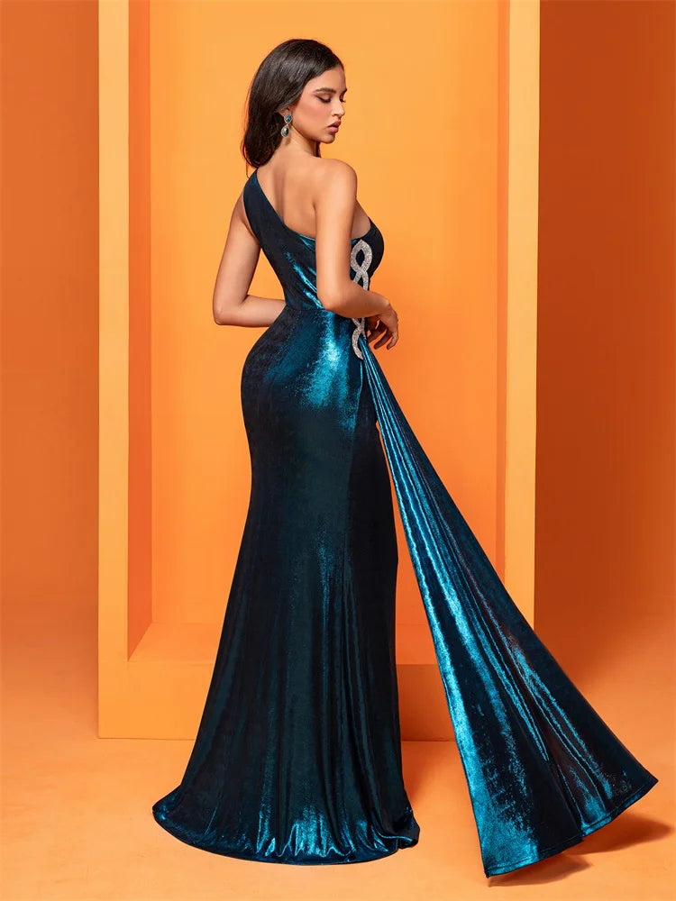 BluePlum New Luxury Green Women Party Maxi Dress Elegant One-shoulder Slit Evening Dress Ribbon Long Bridesmaid Dresses | Blue Plum - Blue Plum