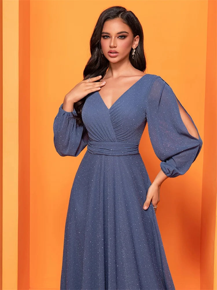 BluePlum Luxury Hollow Tulle Long Sleeves Formal Evening Dress Women Elegant Long V-back Weedding Party Gowns Cocktail Prom | Blue Plum - Blue Plum