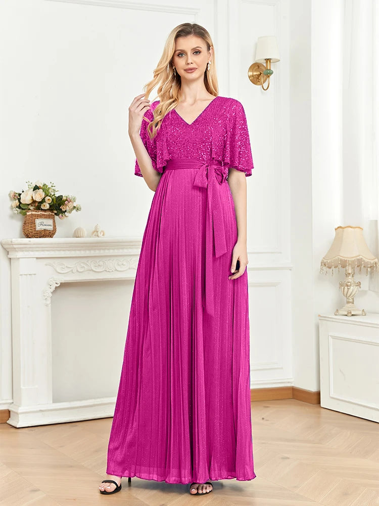 BluePlum Elegant Red Floor Lenght Evening Dress Flared Short Sleeve Sequin Formal Dress V-neck Women Bridesmaid Party Long Gowns | Blue Plum - Blue Plum