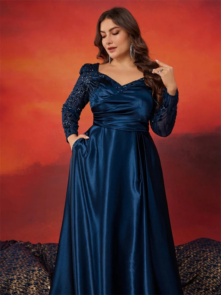 Elegant V-Neck Satin Blue Evening Dress | Blue Plum - Blue Plum