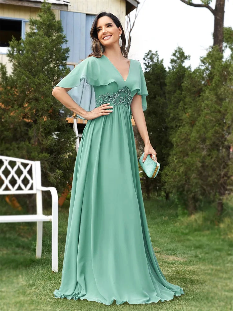 BluePlum Elegant Chiffon Short sleeve Formal Evening Dresses Long 2024 Luxury Women Bridesmaid Party Dress Cocktail Prom Gowns | Blue Plum - Blue Plum