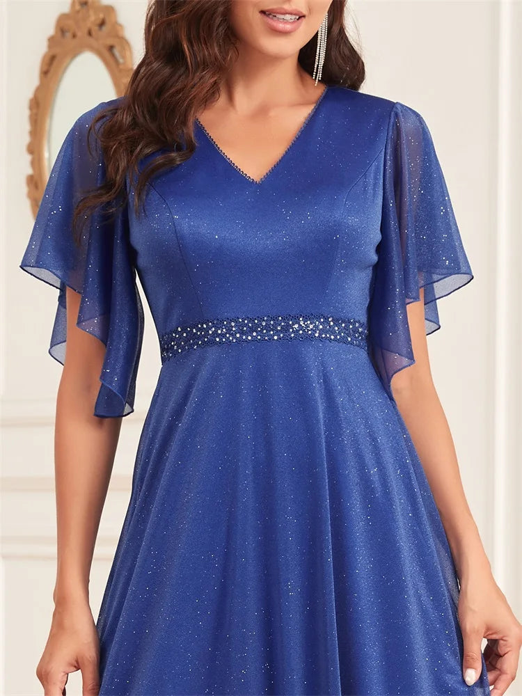 BluePlum Luxury Chiffon Maxi V-neck Royal Blue Long Dress Women Elegant Flared Sleeves Chiffon Wedding Party Evening Dress Prom | Blue Plum - Blue Plum