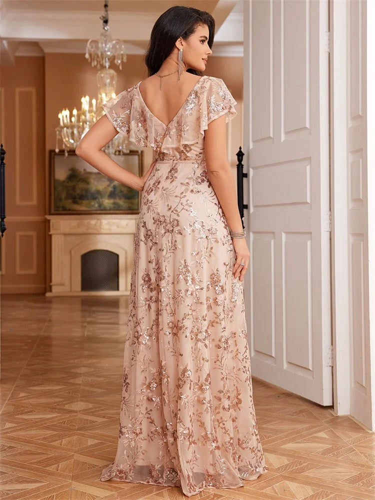 BluePlumB Luxury V-Neck Formal Evening Dress Long Women Elegant Party Dress Sequin Short Sleeves Prom Cocktail Gowns Dresses | Blue Plum - Blue Plum